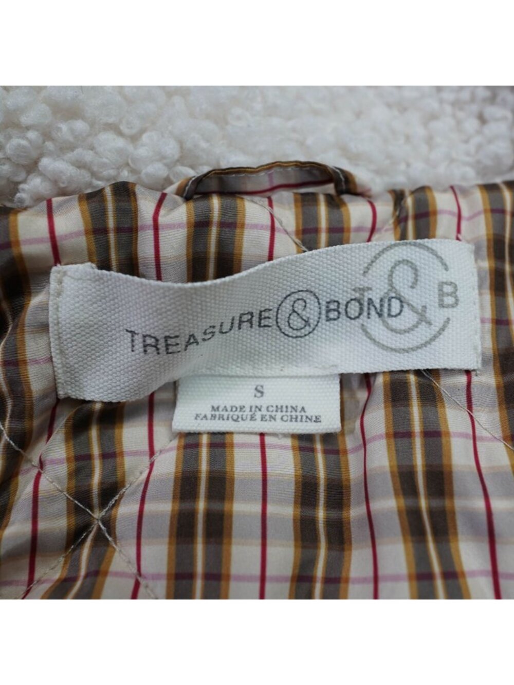 Treasure & Bond Sherpa Jacket Womens S White Faux Fur Button Front Plaid Lining - Picture 5 of 12